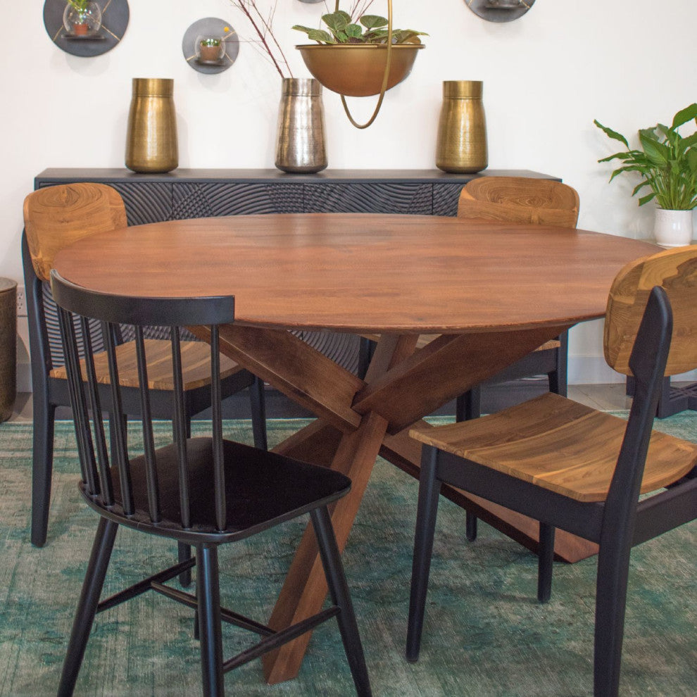 Round 60" Wide Mango Wood 3-Legged Dining Table, Brown