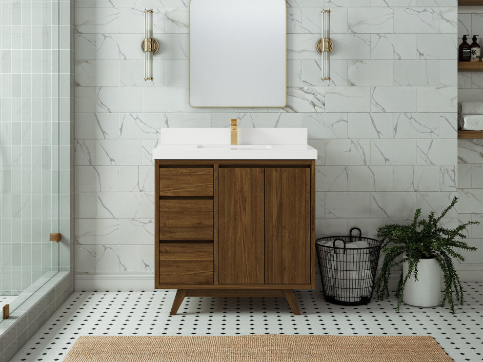 Madison Teak 36 Center Sink Bath Vanity in Dark Natural 2" White Quartz