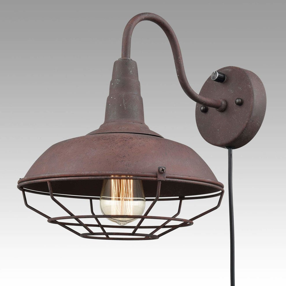 Rustic Wire Cage Gooseneck Wall Sconce, Industrial Plug in Wall Light Fixture