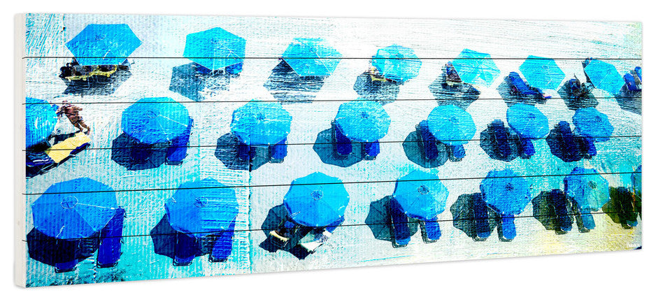 "Umbrellas Blue" Painting Print on White Wood, 60"x20"