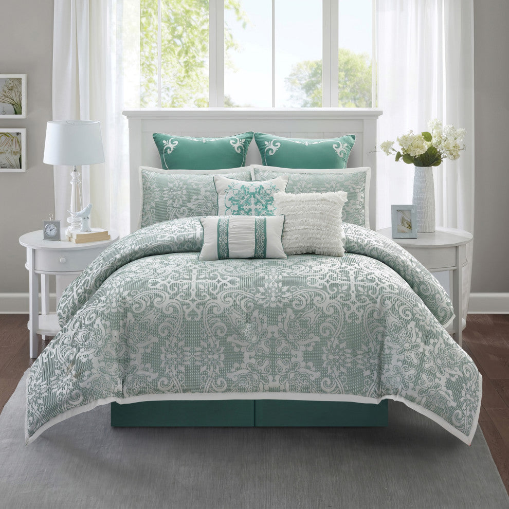 Barvina 9 Piece Damask Comforter Set, Sage, King