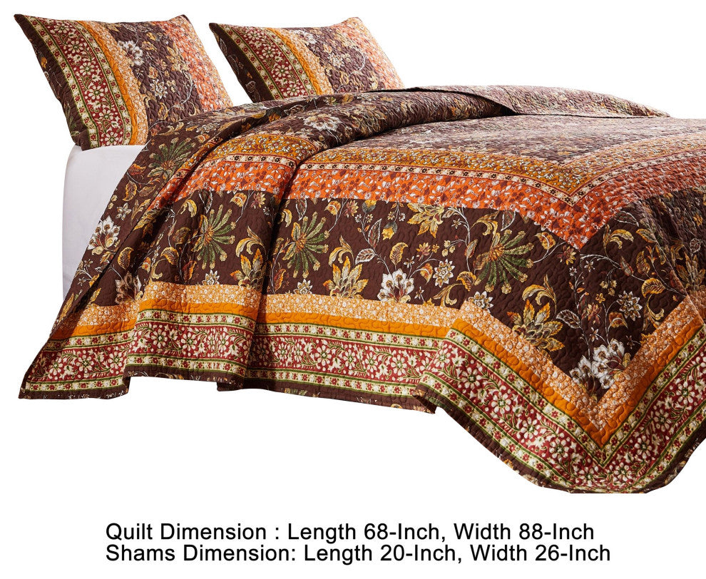 Benzara BM281995 Twin Quilt Set, Bohemian, Jacobean Floral Print, Brown, Orange