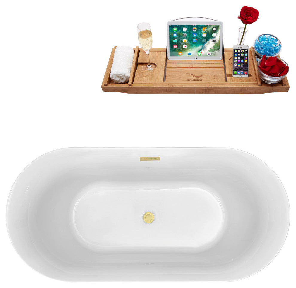 59" Streamline Bathtub and Tray With Drain, Polished Brass