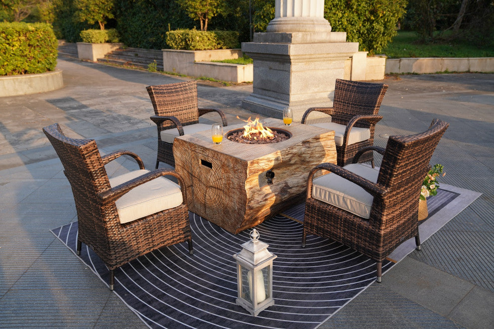 Patio Wood Coating Propane Fire Pit Table with Cushioned Chairs, Rectangle-2