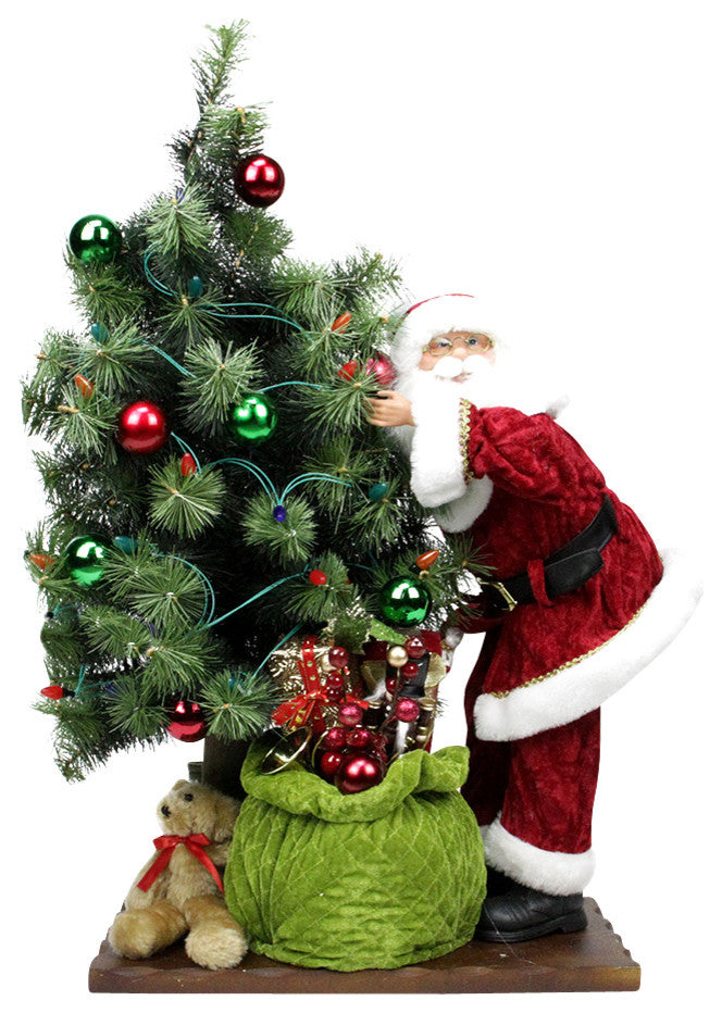 Battery Operated LED Santa Claus With Tree and Gift Bag Figure on Wooden, 30"