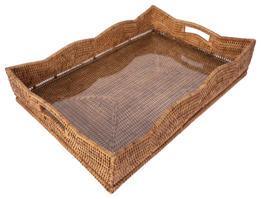 Artifacts Rattan™ Scallop Rectangular Tray with Glass Insert, Honey Brown