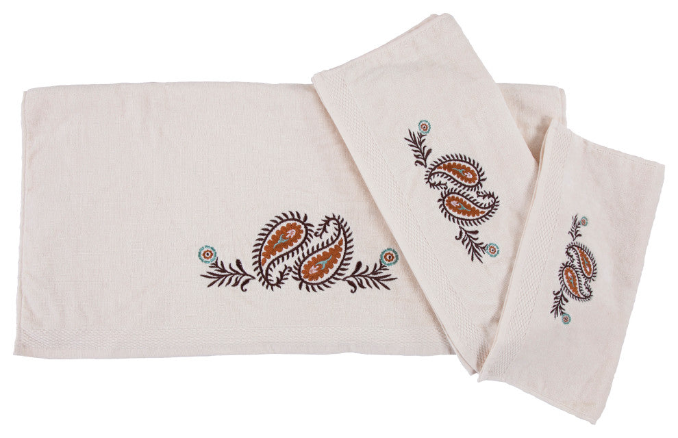 Rebecca Embroidered Western Paisley Towel Set, Cream, 3 Piece