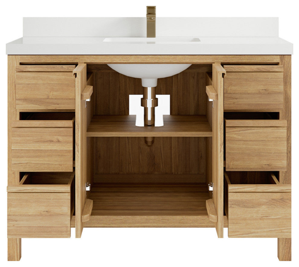 Elizabeth 48 Single Sink Bath Vanity in Light Natural Teak 2" White Quartz