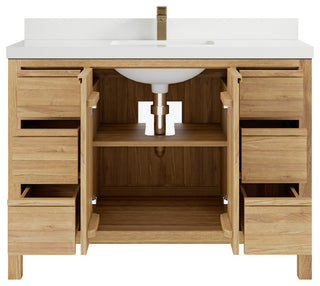 Elizabeth 48 Single Sink Bath Vanity in Light Natural Teak 2" White Quartz