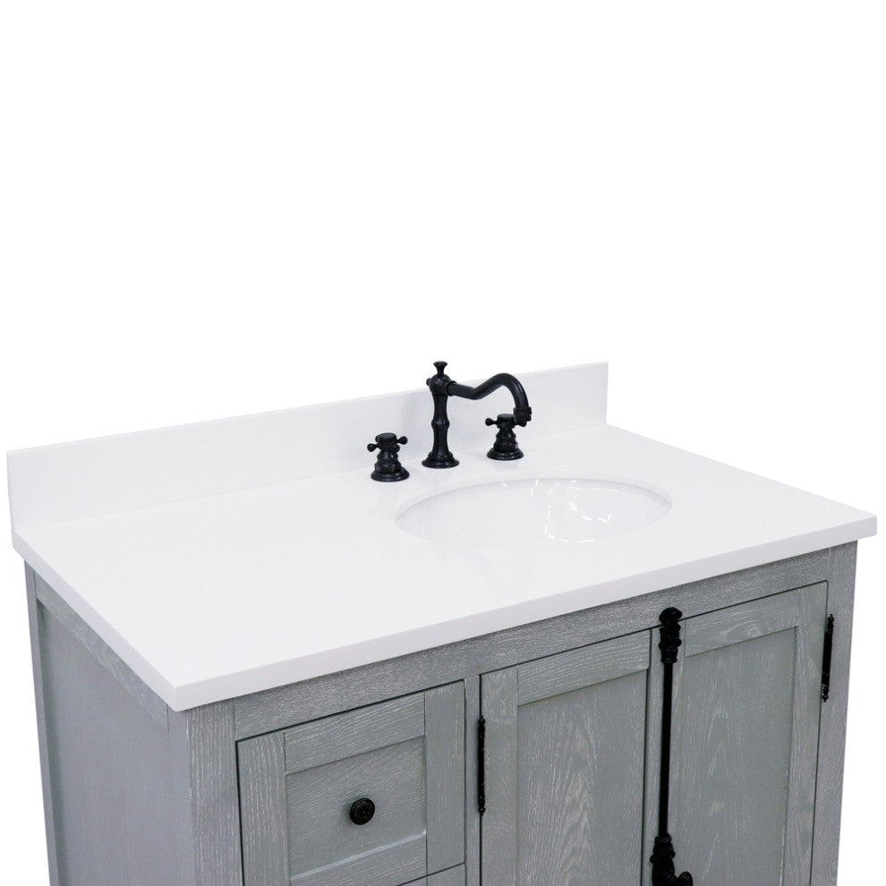 37" Vanity, Gray Ash With Engineered Stone Top, Right Doors/Right Oval Sink