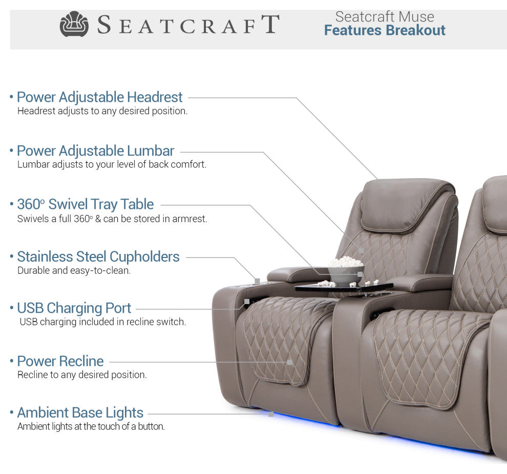 Seatcraft Muse Home Theater Seating, Gray, Row of 4 With  Middle Loveseat
