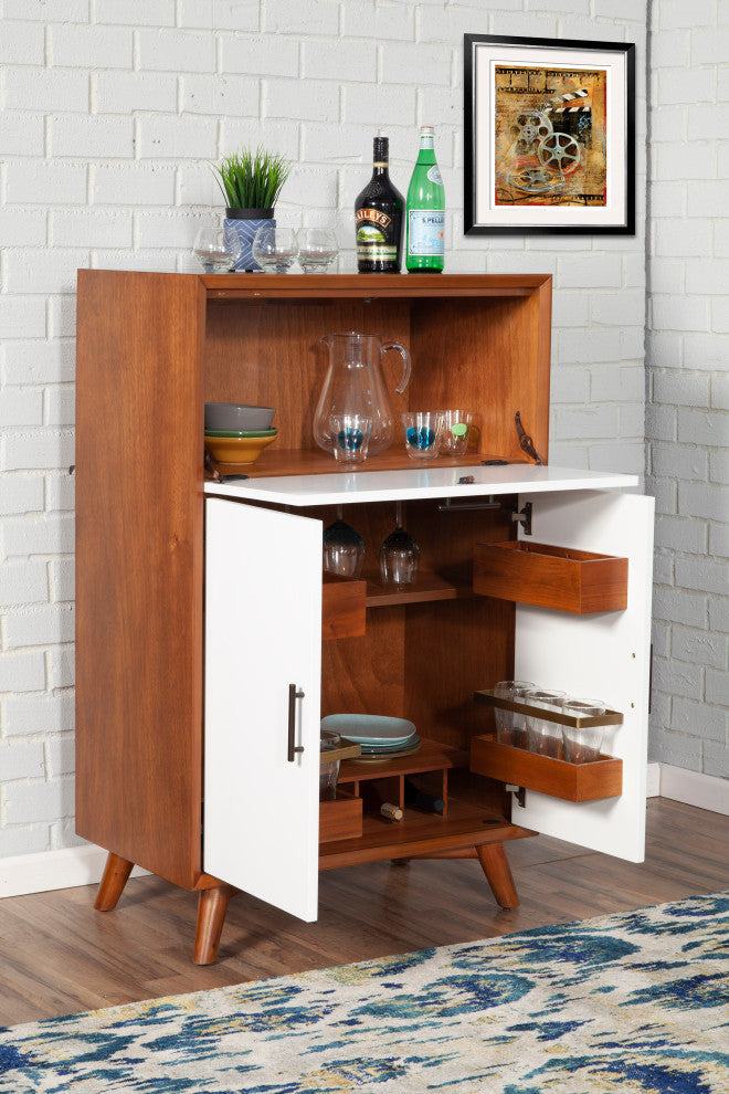 Flynn Large Bar Cabinet With Drop Down Tray, Acorn/White