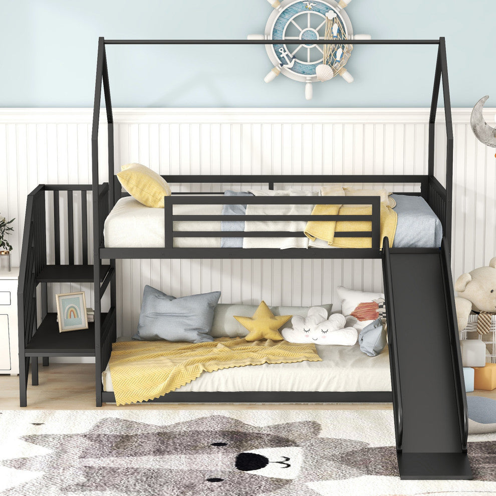 Gewnee Twin Metal Bunk Bed House Bed with Slide and Staircase in Black