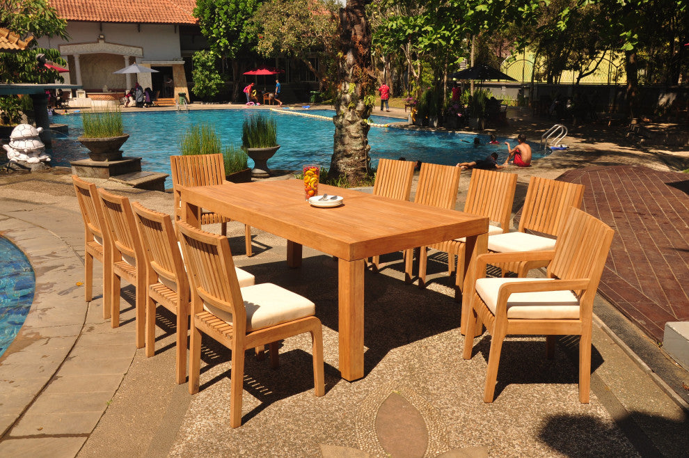 11-Piece Outdoor Teak Patio Dining Set: 86" Rectangle Table, 10 Maldives Chairs