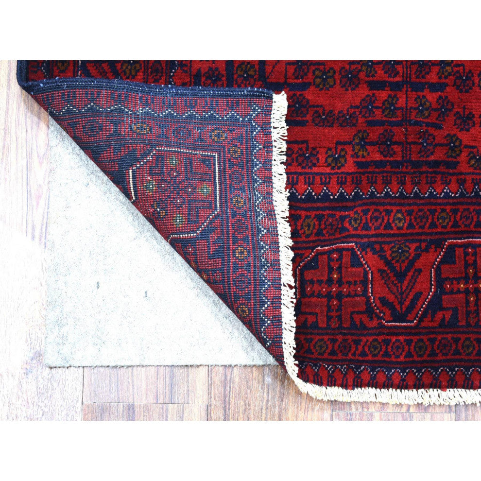 Deep and Saturated Red Velvety Wool Hand Knotted Afghan Khamyab Rug, 3'2"x4'8"