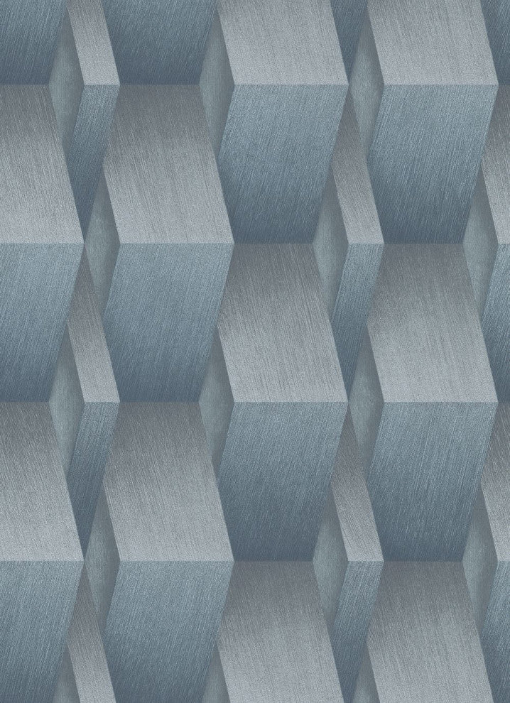 Geometric Textured Wallpaper, 3D Figures, 10046-08, Blue Metallic, 1 Roll