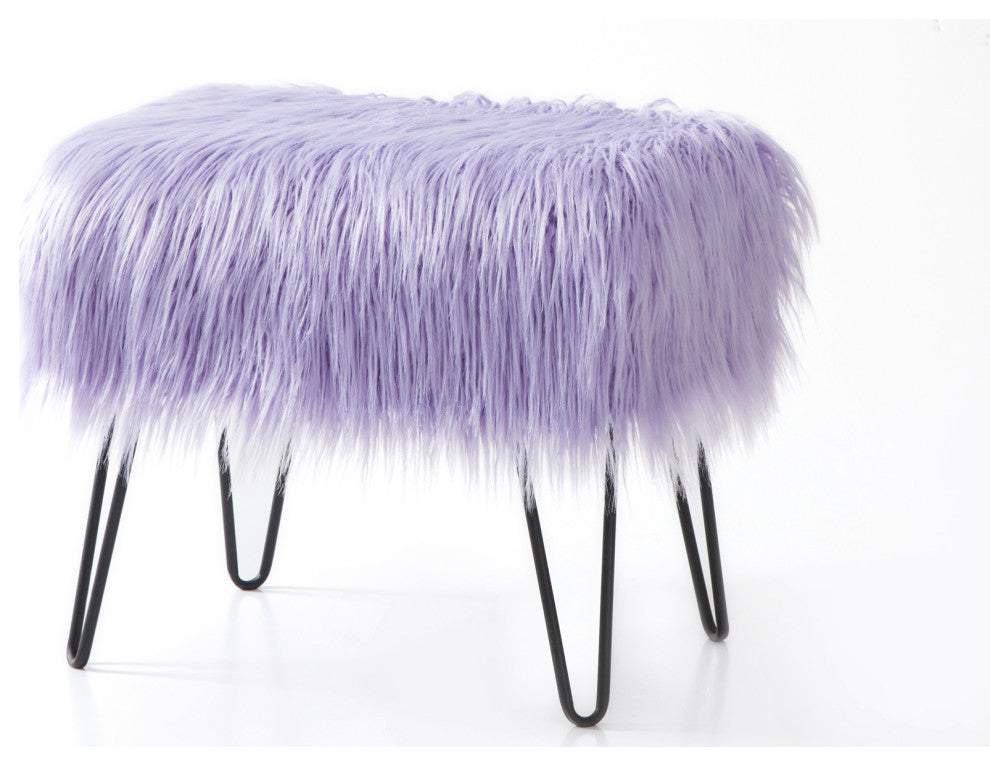 Mongolian Fur Ottoman, Lavender, 19''x13''x17''