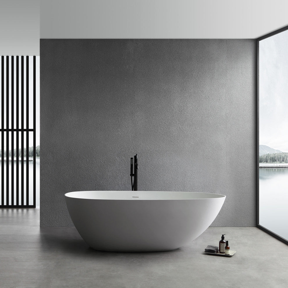 Stone Resin Solid Surface Freestanding Bathtub Soaking Tub, 59", Matte White