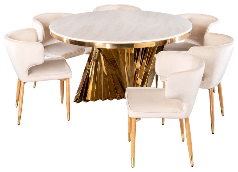 7-Piece Waterfall Dining Set, Ivory Chairs