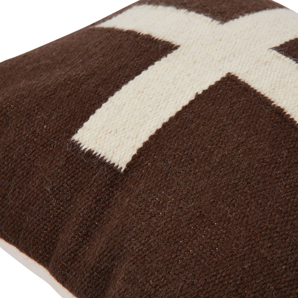 Swiss Cross Cotton Wool Throw Pillow, Brown and Natural