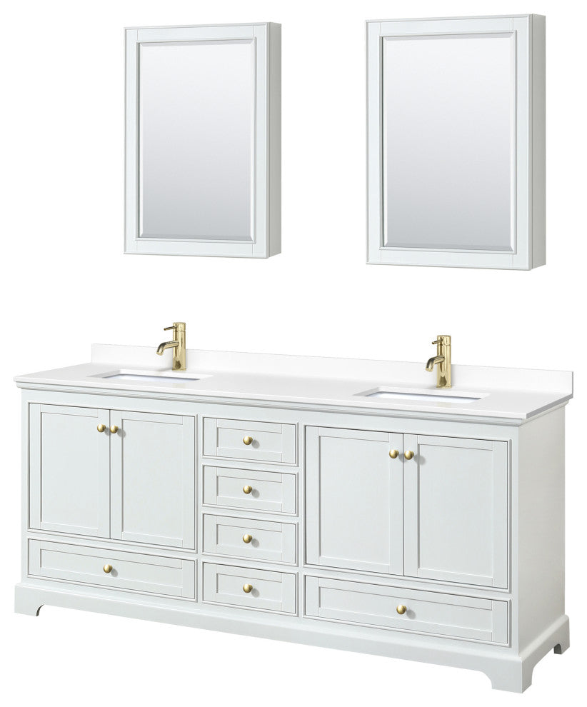 80"DBL Vanity White, White Cult. Marble Top, Sinks, Gold Trim, Med. Cabinets