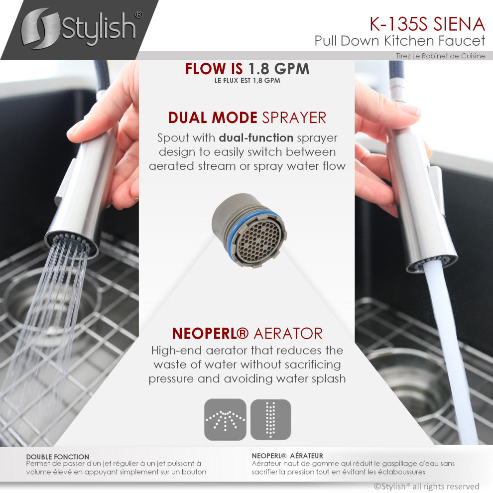 STYLISH Kitchen Sink Faucet Single Handle Pull Down Dual Mode Stainless Steel