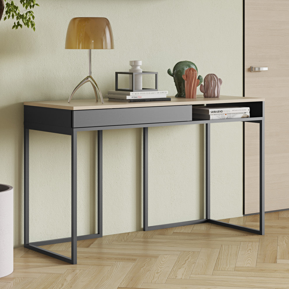 Modern Minimal European Home Desk, Oak and Gray