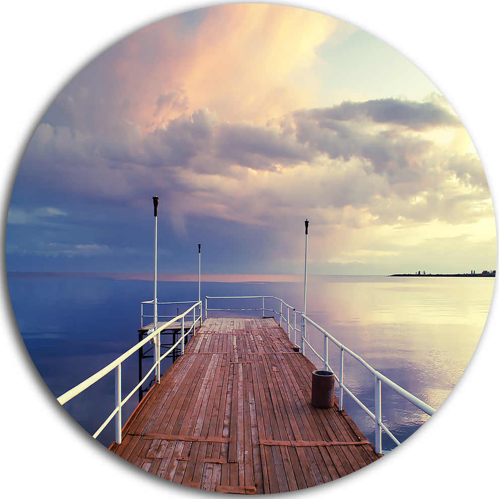 Pier Under Bright Sky, Seascape Photo Round Wall Art, 23"