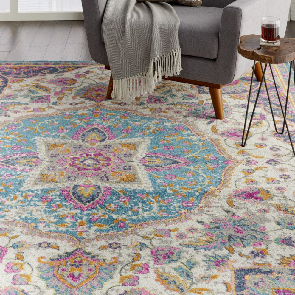 8 x 10 Pink and Blue Floral Medallion Area Rug