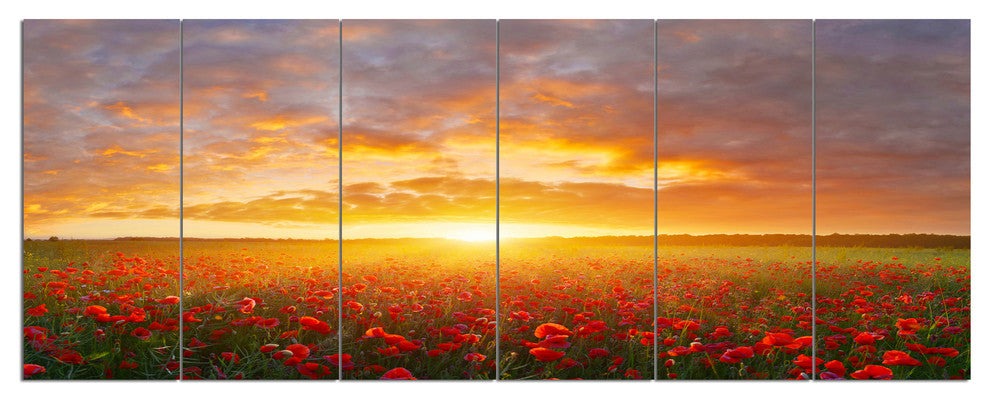 Poppy Field under Bright Sunset, Landscape Canvas Art Print, 70"x28", 6 Panels