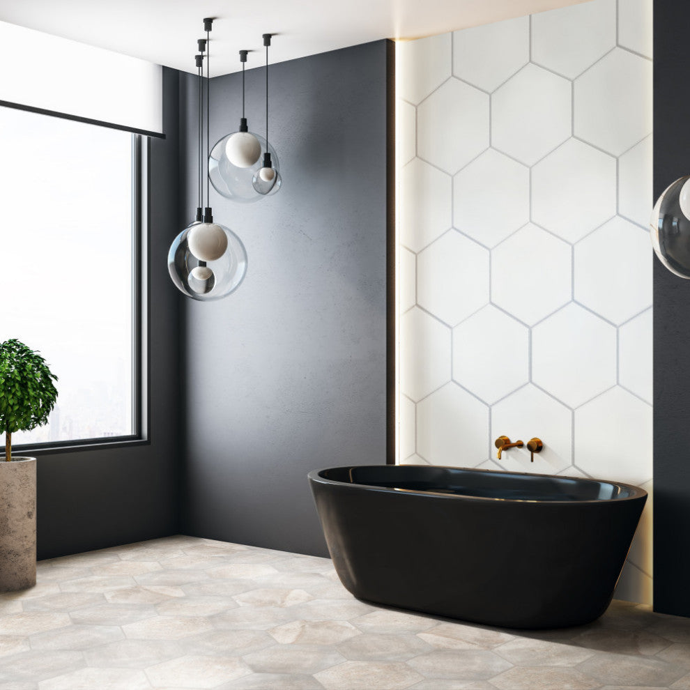 Textile Basic Grand Hex White Porcelain Floor and Wall Tile Sample
