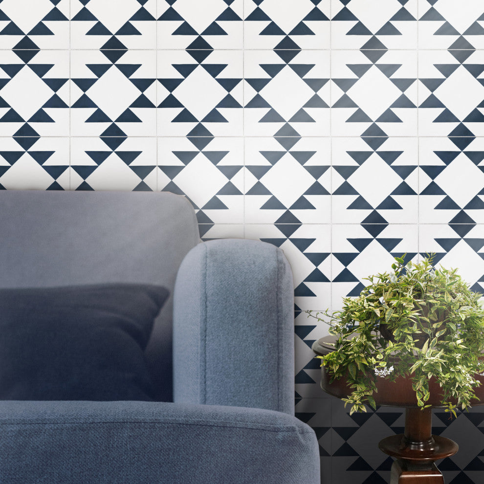 Rissani Handmade Cement Tile, White/Navy Blue, Sample