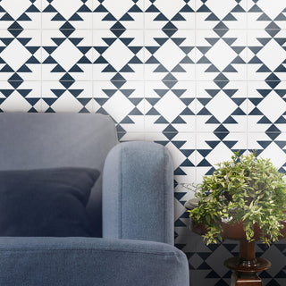 Rissani Handmade Cement Tile, White/Navy Blue, Sample
