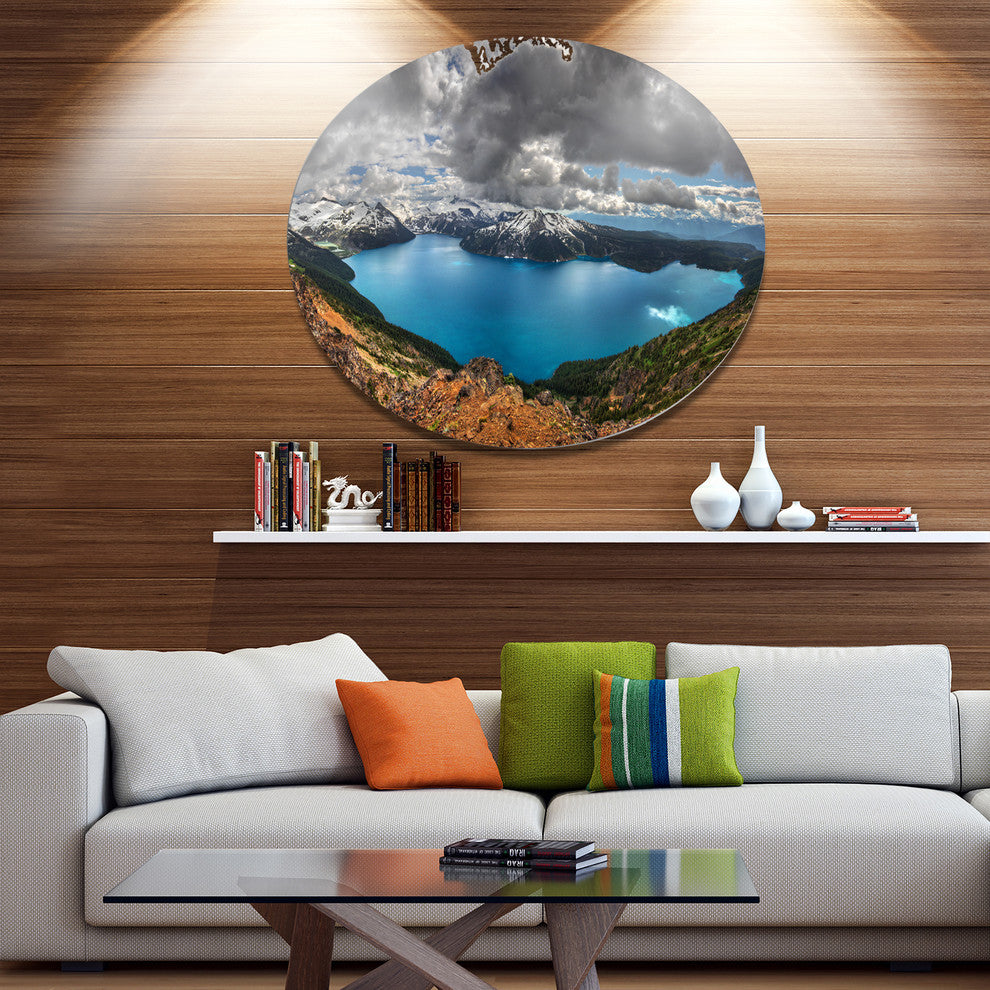 Lake Surrounded By Mountains, Landscape Art Disc Metal Wall Art, 11"