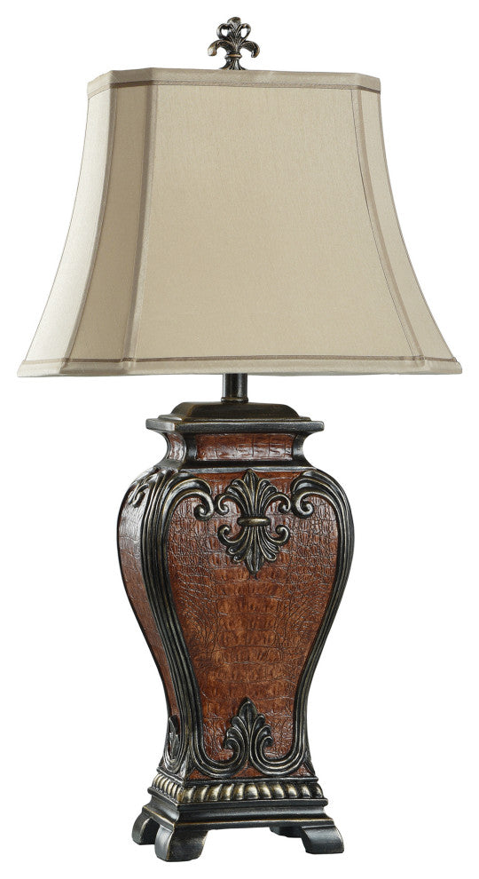 Dundee Table Lamp Faux Crocodile Hide and Gold Highlighted Finish, Cream Fabric