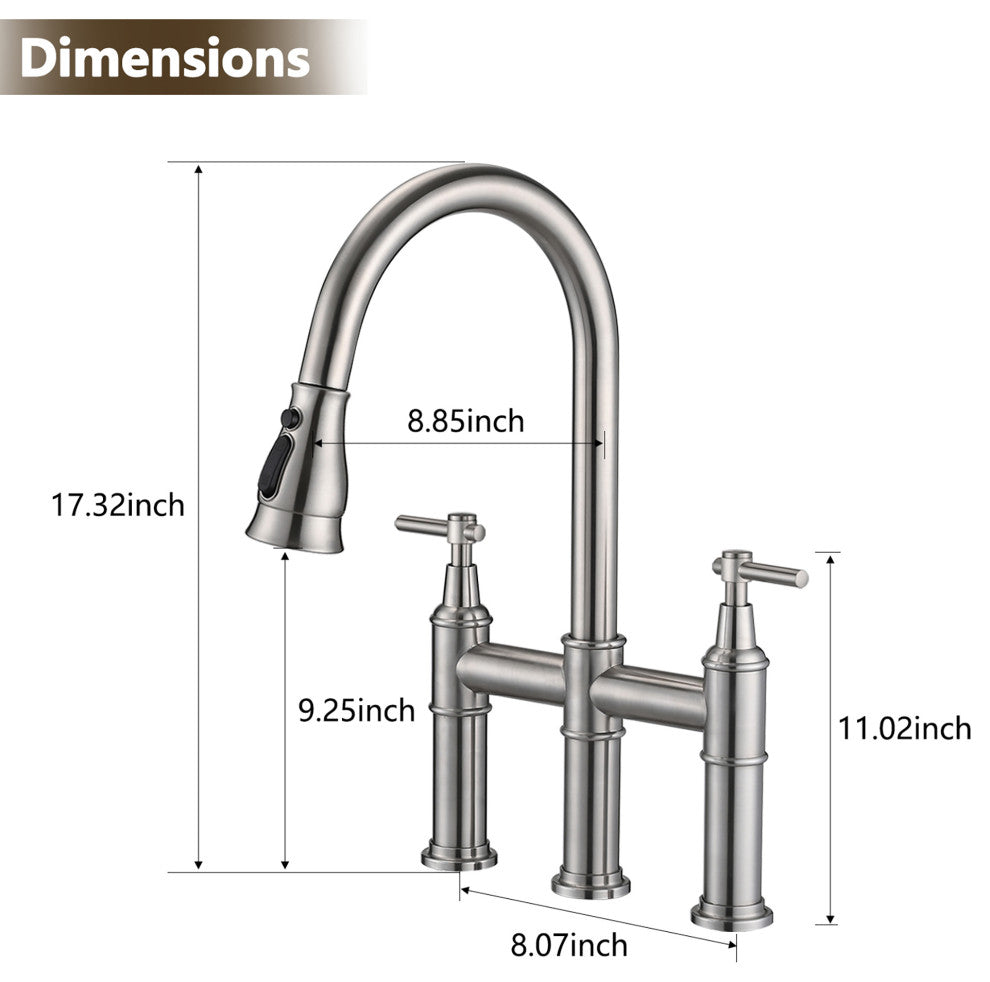 Double Handle High Arc Bridge Kitchen Faucet with Pull-Down Spray Head