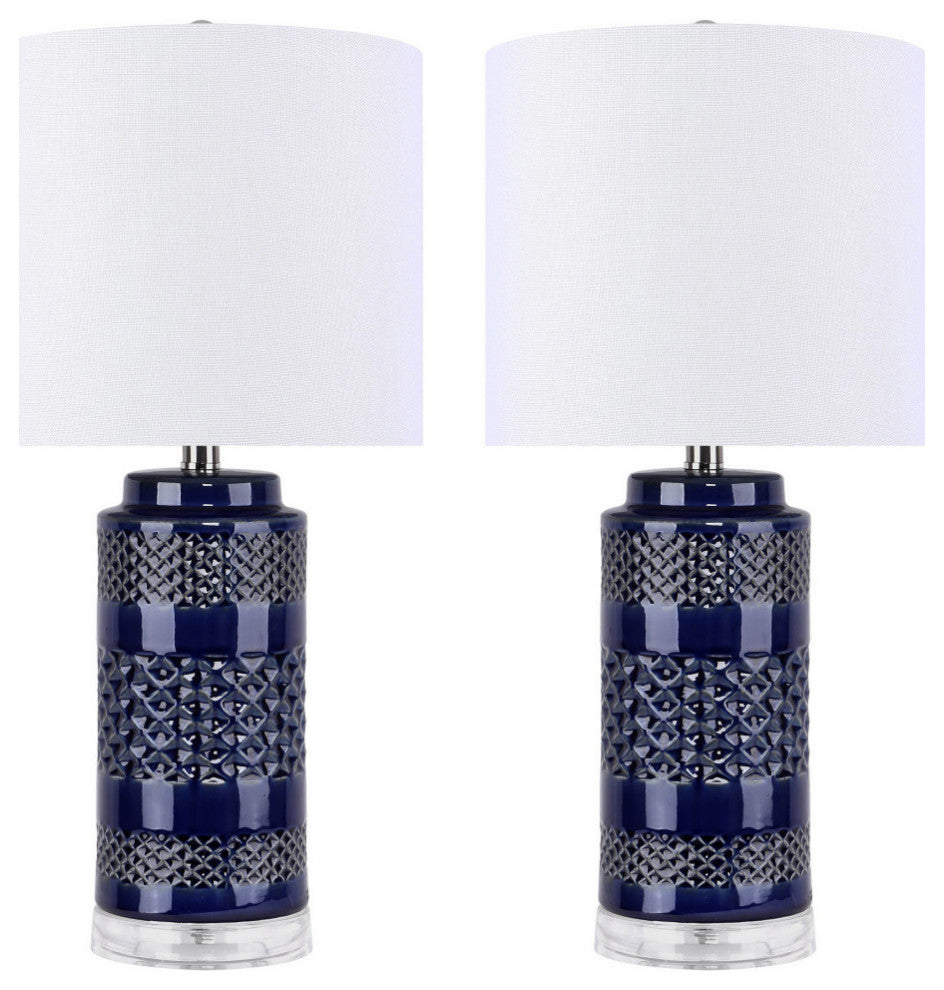 21" Navy Ceramic Table Lamp With Cylindrical Base & White Linen Shade, Set of 2