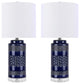 21" Navy Ceramic Table Lamp With Cylindrical Base & White Linen Shade, Set of 2