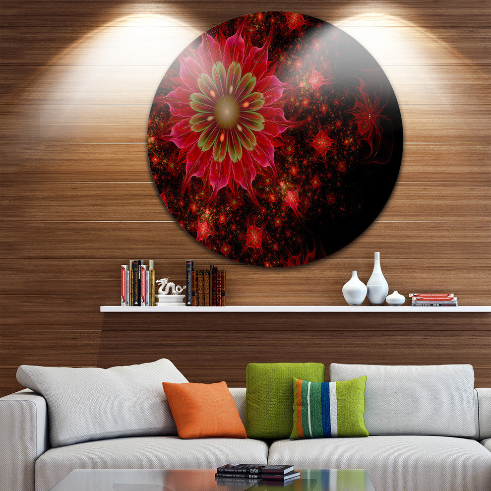 Dark Red And Light Green Fractal Flowers, Disc Metal Wall Art, 23"