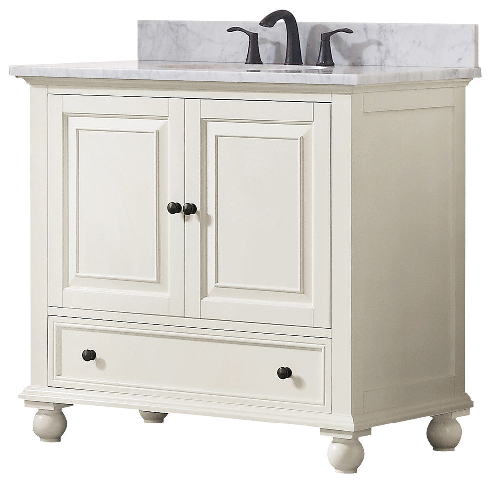Avanity Thompson 37" Vanity, French White Finish, Carrera White Marble Top