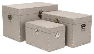 Set Of 3 Linen Trunk With Metal Studs