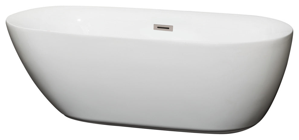 Melissa 65" Freestanding White Bathtub, Brushed Nickel Drain and Overflow Trim
