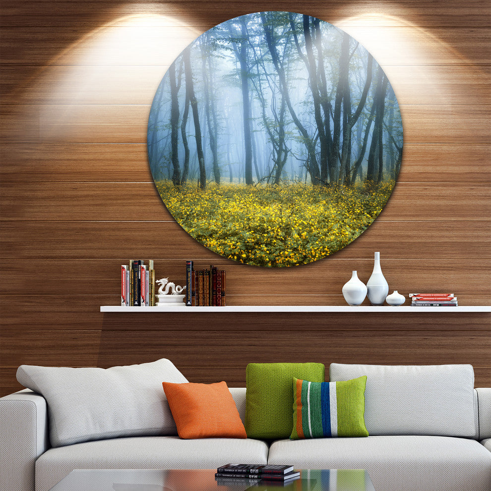 Mysterious Forest Fog Everywhere, Landscape Photo Round Wall Art, 11"