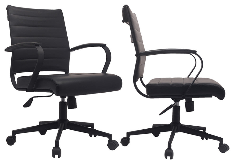 Set of 2 Mid Back Swivel Ribbed PU Leather Office Arm Chair Modern Ergonomic, All Black