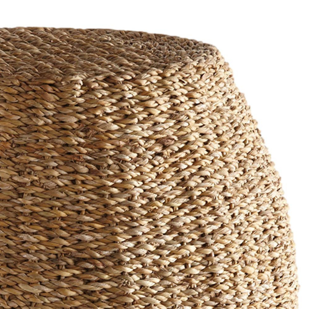 Woven Seagrass Round Curved Pouf Natural Fibers Coastal Cottage Ottoman Table