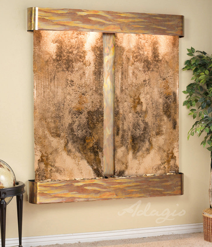 Cottonwood Falls Water Fountain, Magnifico Travertine, Rustic Copper, Round