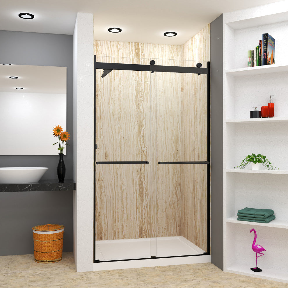 Transolid Brianna 48" W x 80" H Frameless Sliding Shower Door, Matte Black