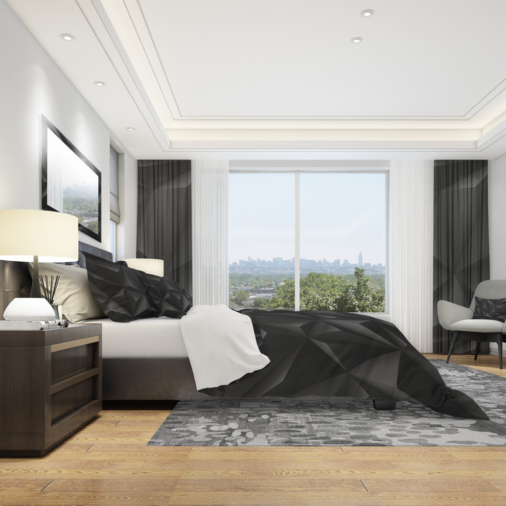 Deep Black Geometric Crumpled Modern Duvet Cover Set, King