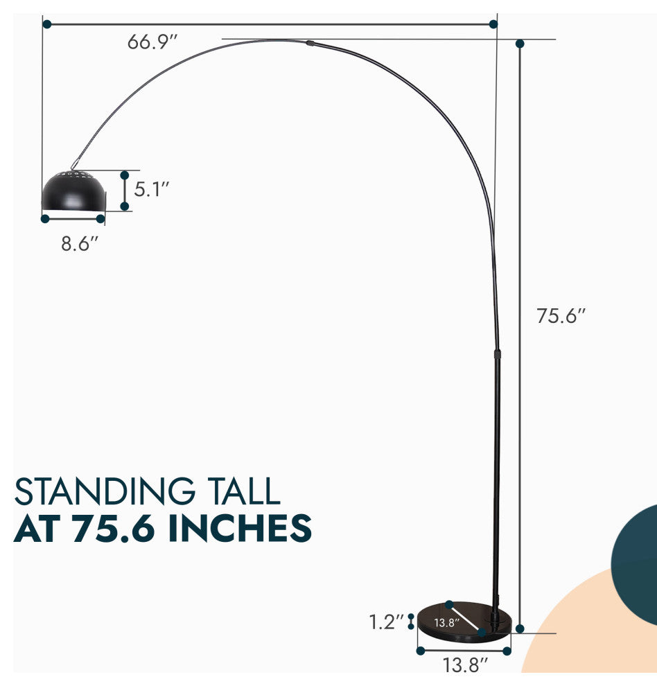 Leisuremod Arco Floor Lamp With Black Marble Base and Metal Lamp Shade, Black