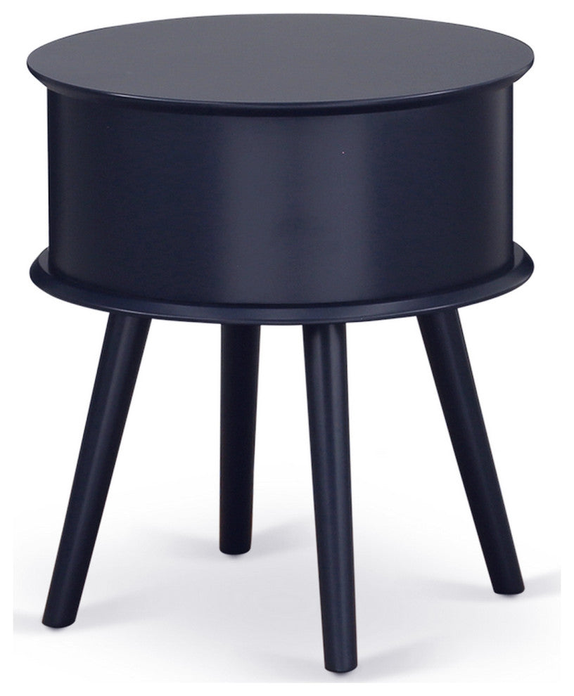 Gordon Round Night Stand End Table With Drawer, Navy Blue Finish